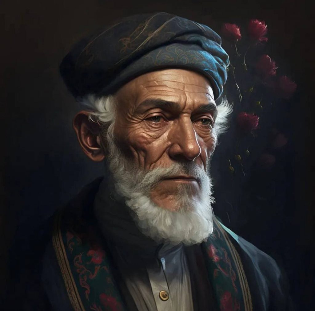 A painting of an old man with a beard and hat.