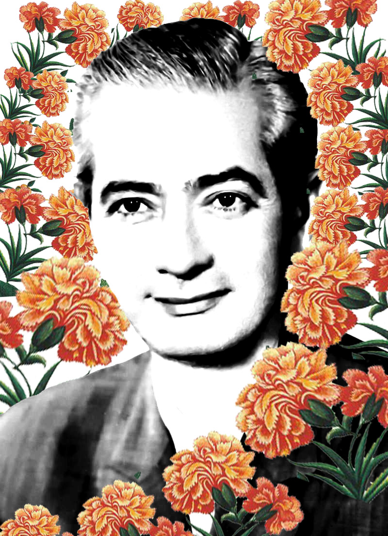 A painting of a man with flowers behind him.