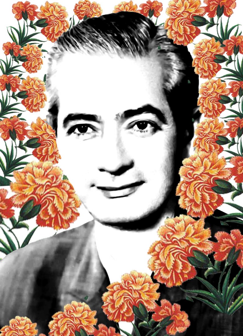 A painting of a man with flowers around him.