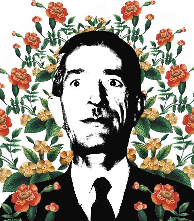 A man with his mouth open and flowers around him.