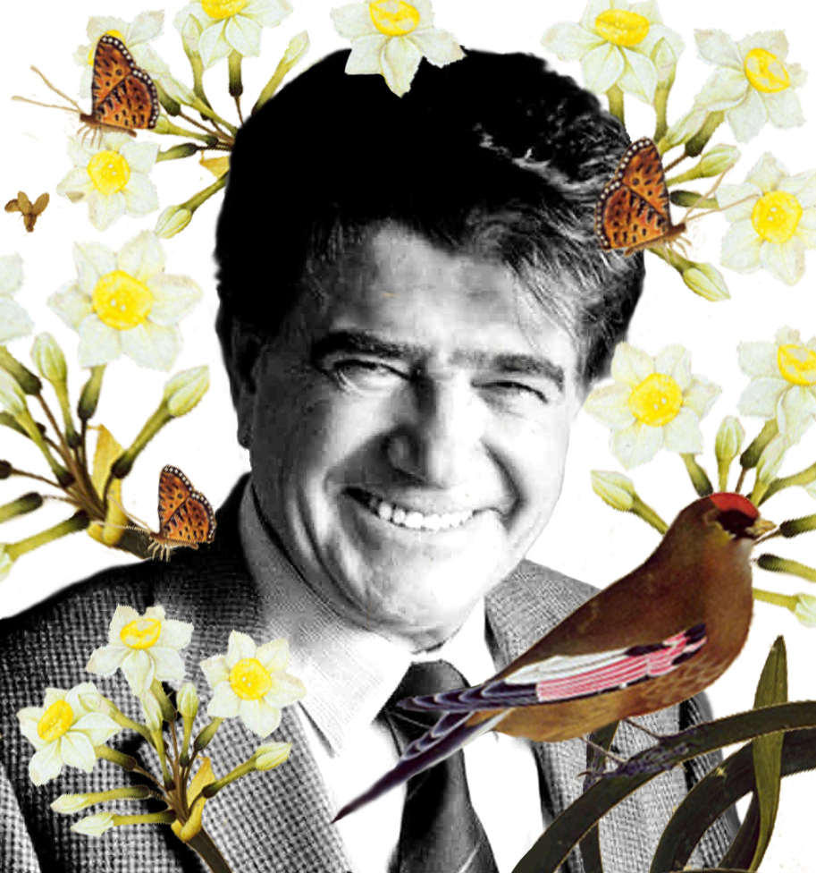 A collage of a man with flowers and butterflies around him.