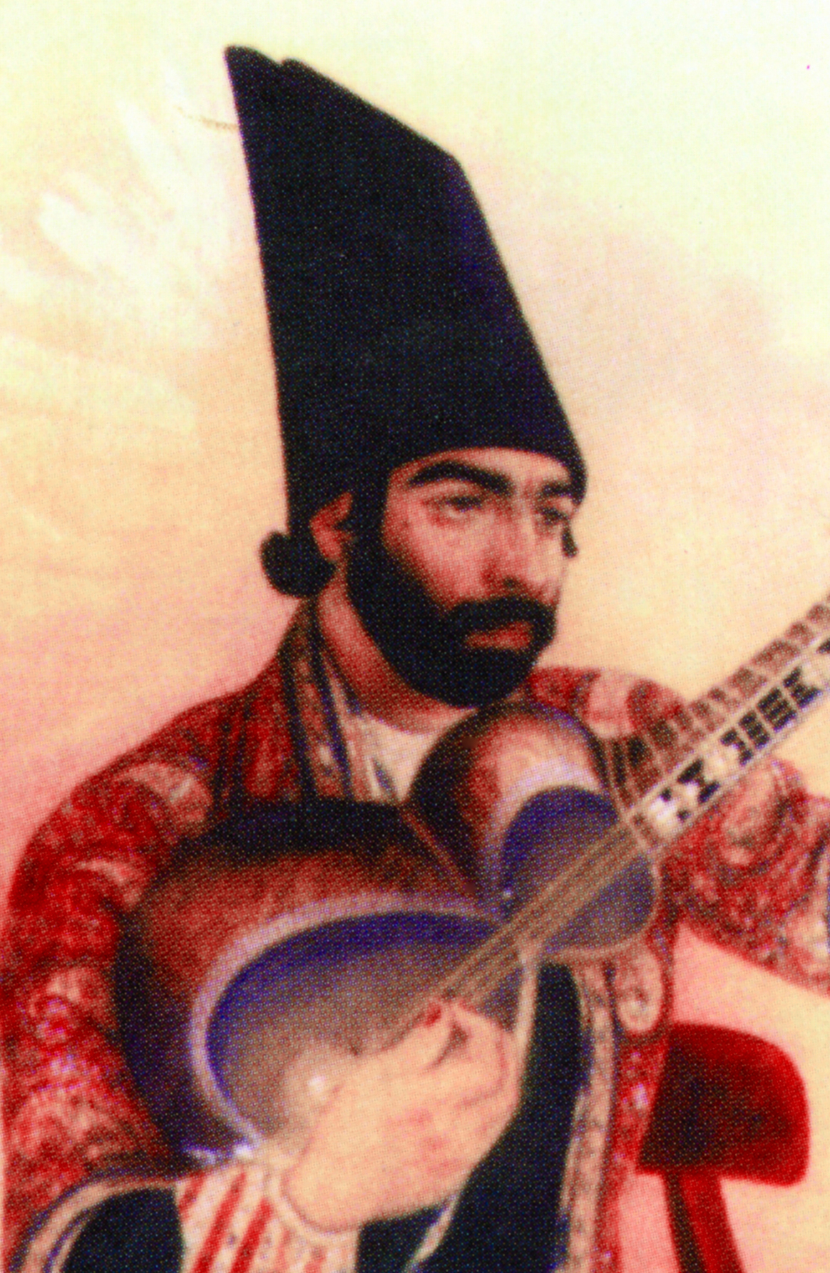 A painting of a man in traditional turkish clothing holding a guitar.